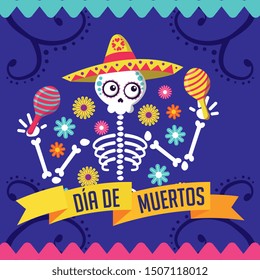 day of the dead with cute skull with hat and maracas cartoon. vector illustration