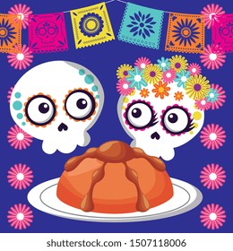 day of the dead with cute skulls flowers and ribbon cartoon. vector illustration