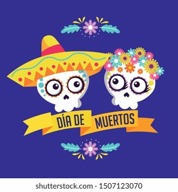 day of the dead with cute skulls flowers and ribbon cartoon. vector illustration