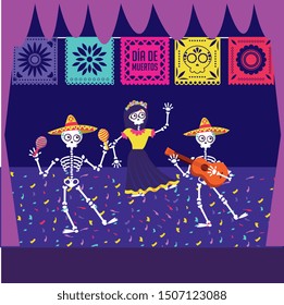 day of the dead with dancing skeletons with mexican bunting cartoon. vector illustration