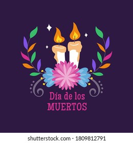 Day of the Dead (Día de los Muertos) Label. Cartoon candles and decorative mexican flower. Text in Spanish. Cute vector Illustration.