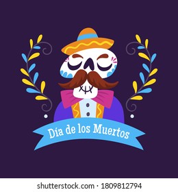 Day of the Dead (Día de los Muertos) Label. Cartoon Mexican Skull with a ribbon and text decoration in Spanish. Cute vector Illustration.