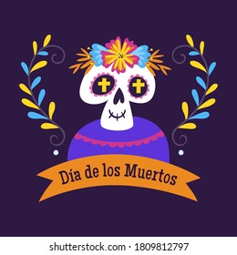 Day of the Dead (Día de los Muertos) Label. Cartoon Mexican Female skull with flat ribbon and text decoration in Spanish. Cute vector Illustration.