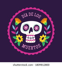 Day of the Dead (Día de los Muertos) Badge. Cartoon Mexican female skull into a decorative frame. Text in Spanish. Cute vector Illustration.