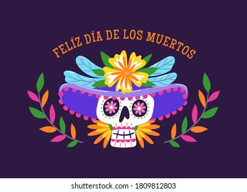 Day of the Dead (Día de los Muertos) Label. Catrina with a hat.  Cartoon Mexican woman. Spanish text. Cute vector Illustration.