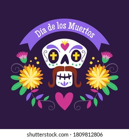 Day of the Dead (Día de los Muertos) Label. Cartoon Mexican male skull with floral decoration and text in Spanish. Cute vector Illustration.