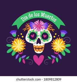 Day of the Dead (Día de los Muertos) Label. Cartoon Mexican female skull with floral decoration and text in Spanish. Cute vector Illustration.