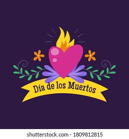 Day of the Dead (Día de los Muertos) Label. Cartoon Mexican heart with text in Spanish in a ribbon decoration. Cute vector Illustration.