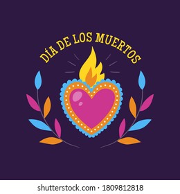 Day of the Dead (Día de los Muertos) Label. Cartoon Mexican heart with text in Spanish. Cute vector Illustration.