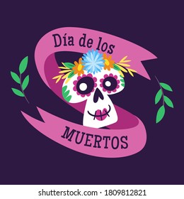 Day of the Dead (Día de los Muertos) Label. Cartoon Mexican female skull and text ribbon. Text in Spanish. Cute vector Illustration.