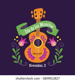 Day of the Dead (Día de los Muertos) Label. Cartoon Mexican guitar and decorative ribbon with text in spanish. Cute vector Illustration.