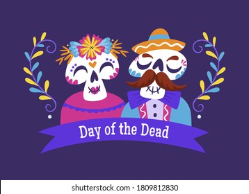 Day of the Dead (Día de los Muertos) Banner. Cartoon Mexican skull couple with text in english. Cute vector Illustration.