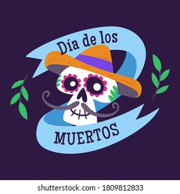 Day of the Dead (Día de los Muertos) Label. Cartoon Mexican male skull and text ribbon. Spanish. Cute vector Illustration.