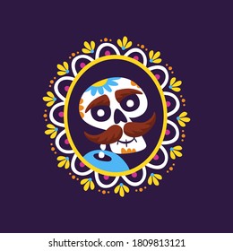 Day of the Dead (Día de los Muertos) Badge. Cartoon Mexican male skull portrait into a decorative frame. Cute vector Illustration.