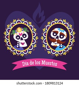 Day of the Dead (Día de los Muertos) Label. Cartoon Mexican skull couple portrait into a decorative frame. Spanish text. Cute vector Illustration.