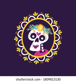 Day of the Dead (Día de los Muertos) Badge. Cartoon Mexican female skull portrait into a decorative frame. Cute vector Illustration.