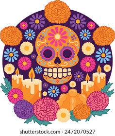 Decoración del día de los muertos, altar con cempasuchil, velas, pan de los muertos y calavera sobre fondo morado, México