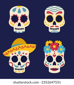 Day Of The Dead Decoration. Set Of Mexican Skulls. Vector Flat Illustration