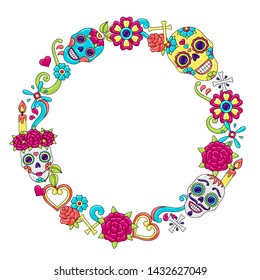 Day of the Dead decoration. Sugar skulls with floral ornament. Mexican talavera ceramic tile traditional decorative objects.