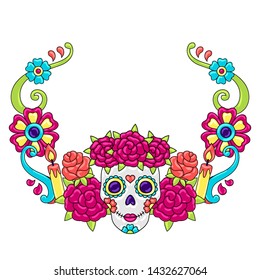 Day of the Dead decoration. Sugar skulls with floral ornament. Mexican talavera ceramic tile traditional decorative objects.