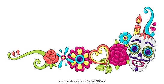 Day of the Dead decoration. Sugar skulls with floral ornament. Mexican talavera ceramic tile traditional decorative objects.