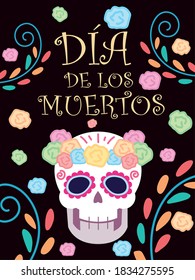 day of the dead, decorative flowers in skull mexican celebration vector illustration