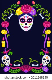 Day of the Dead decorative frame. Dia de los muertos. Mexican celebration.