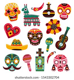 Day of dead. Decorative skulls, guitar and sombrero, llama and hot pepper, heart and grave. Mexican dia de los muertos vector set