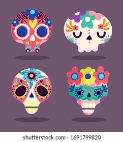 day of the dead. decorative sugar skulls with flowers for culture traditional celebration mexican icons vector illustration
