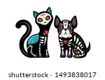 Day of the dead, Dia de los muertos, dog and cat skulls and skeleton decorated with colorful Mexican elements and flowers. Fiesta, Halloween, holiday poster, party flyer. Vector illustration