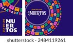 Day of the Dead, Dia de los Muertos, Mexican holiday. Poster, banner and card in modern geometrical style, with skulls, church, guitar and flowers. Vector illustration