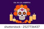 Day of Dead. Dia De Los Muertos. Traditional Mexican holiday honoring the souls of the deceased. Sugar skull altar with candles. Design postcard banner. Vector.