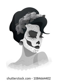 Day of the Dead. Dia de los muertos. Beautiful young woman with sugar skull makeup and wreath of roses. Traditional carnival symbol, Catrina. Vector black and white isolated illustration