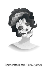 Day of the Dead. Dia de los muertos. Traditional carnival symbol, Catrina. Beautiful young woman with sugar skull makeup and wreath of roses. Black and white vector illustration isolated on white