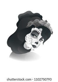 Day of the Dead. Dia de los muertos. Traditional carnival symbol, Catrina. Beautiful young woman with sugar skull makeup and wreath of roses. Black and white vector illustration isolated on white
