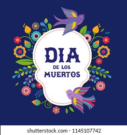 Day of the dead, Dia de los moertos, banner with colorful Mexican flowers. Fiesta, holiday poster, party flyer, funny greeting card