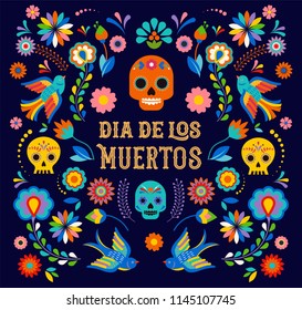 Day of the dead, Dia de los moertos, banner with colorful Mexican flowers. Fiesta, holiday poster, party flyer, funny greeting card