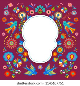 Day of the dead, Dia de los moertos, banner with colorful Mexican flowers. Fiesta, holiday poster, party flyer, funny greeting card