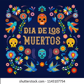 Day of the dead, Dia de los moertos, banner with colorful Mexican flowers. Fiesta, holiday poster, party flyer, funny greeting card