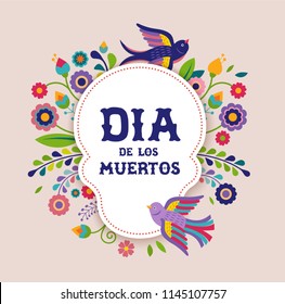 Day of the dead, Dia de los moertos, banner with colorful Mexican flowers. Fiesta, holiday poster, party flyer, funny greeting card