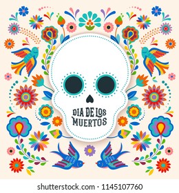 Day of the dead, Dia de los moertos, banner with colorful Mexican flowers. Fiesta, holiday poster, party flyer, funny greeting card