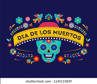 Tag der Toten, Dia de los muertos Hintergrund, Banner und Grußkartenkonzept mit Zuckerschädel. Farbige Vektorgrafik