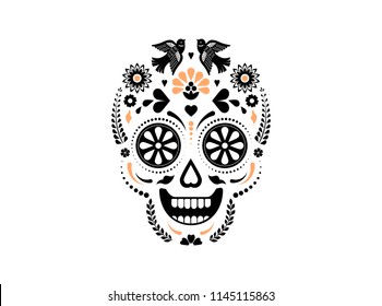 Tag der Toten, Dia de los muertos Hintergrund, Banner und Grußkartenkonzept mit Zuckerschädel. Farbige Vektorgrafik