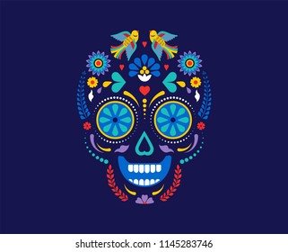 Tag der Toten, Dia de los muertos Hintergrund, Banner und Grußkartenkonzept mit Zuckerschädel. Farbige Vektorgrafik