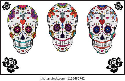 Day of the Dead (Dia de los Muertos) sugar skull set with black roses on white background with copy space. Vector EPS10