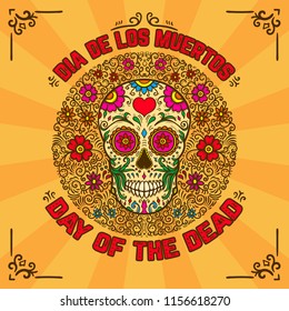 Day of the dead. Dia de los muertos. Banner template with mexican sugar skull on background with floral pattern. Design element for poster, card, flyer, t shirt. Vector illustration