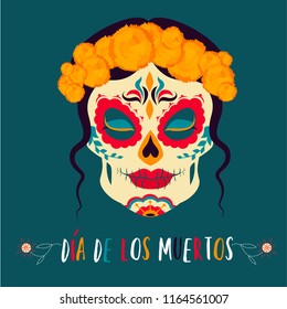 Day of the Dead. Dia de los muertos. Traditional carnival symbol, Catrina. Beautiful young woman with sugar skull makeup. Decoration Banner Invitation Flat Vector Illustration