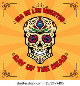 Day of the dead. Dia de los muertos. Banner template with mexican sugar skull on background with floral pattern. Design element for poster, card, flyer, t shirt. Vector illustration