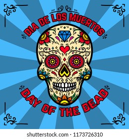 Day of the dead. Dia de los muertos. Banner template with mexican sugar skull on background with floral pattern. Design element for poster, card, flyer, t shirt. Vector illustration