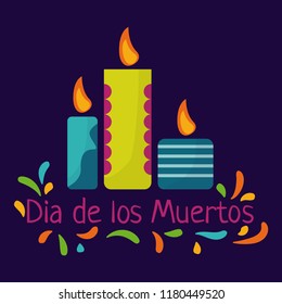Day of the dead. Dia de los Muertos concept with colorful candles and text. Vector illustration.